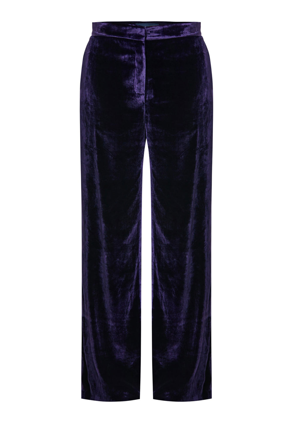 Indulge in luxurious comfort with our twilight plum wide-leg trousers. Flat-front trousers sit perfectly at the natural waist and include side pockets. Made from a premium purple tone velvet, a blend of silk and viscose, they exude elegance and sophistication.