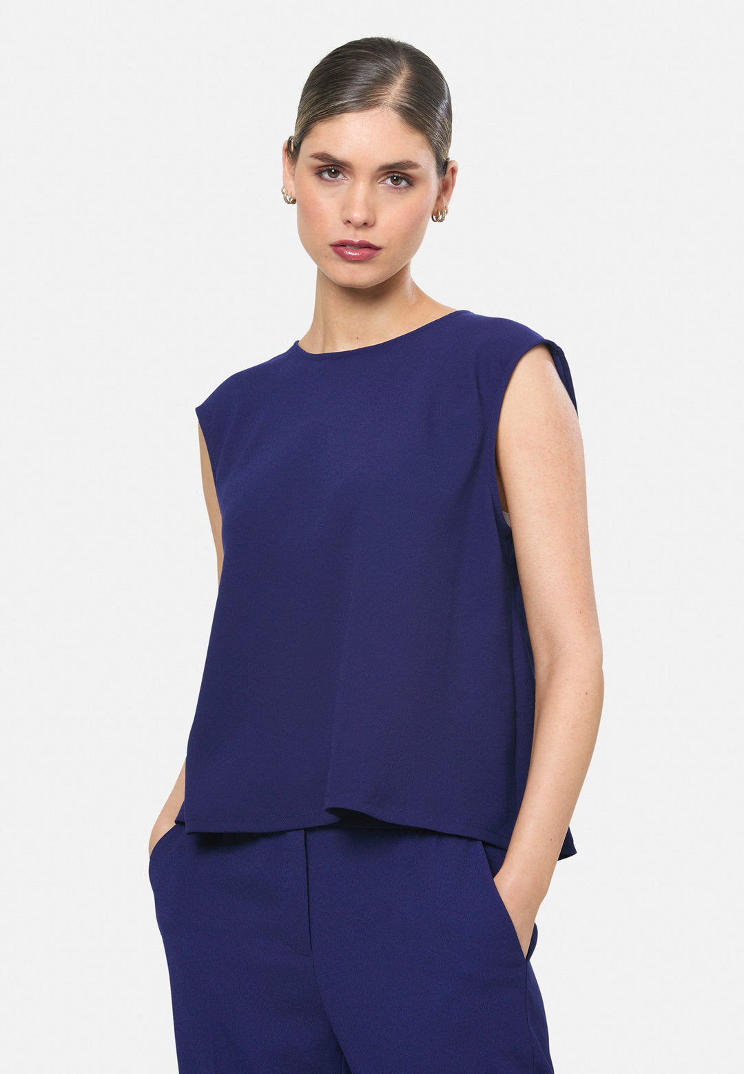 model wearing Nicki Ink Blue Top