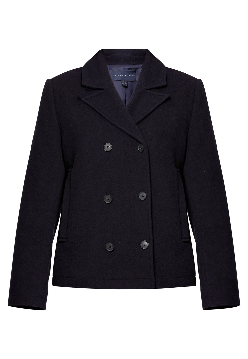 woman wearing double breast cashmere pea coat in navy