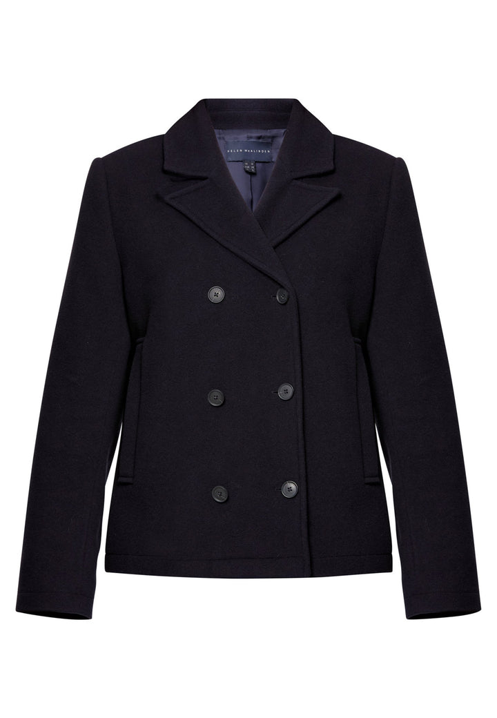 woman wearing double breast cashmere pea coat in navy