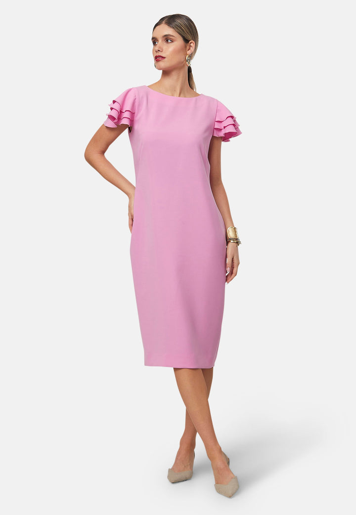 Turn heads at your upcoming occasions in this sheath shift dress. The standout feature is its tiered ruffle sleeves, adding a touch of playful elegance. Perfect for formal luncheons, weddings or evening outings.