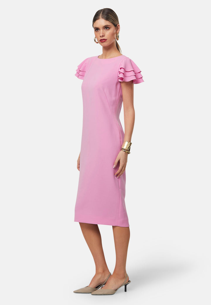 Turn heads at your upcoming occasions in this sheath shift dress. The standout feature is its tiered ruffle sleeves, adding a touch of playful elegance. Perfect for formal luncheons, weddings or evening outings.