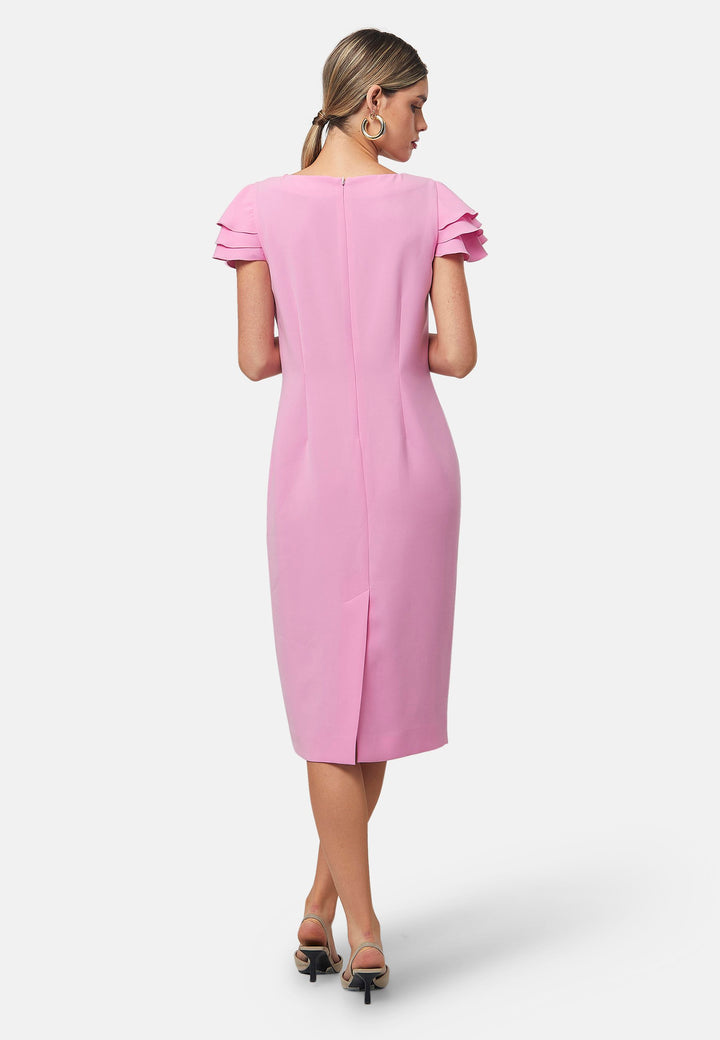 Turn heads at your upcoming occasions in this sheath shift dress. The standout feature is its tiered ruffle sleeves, adding a touch of playful elegance. Perfect for formal luncheons, weddings or evening outings.