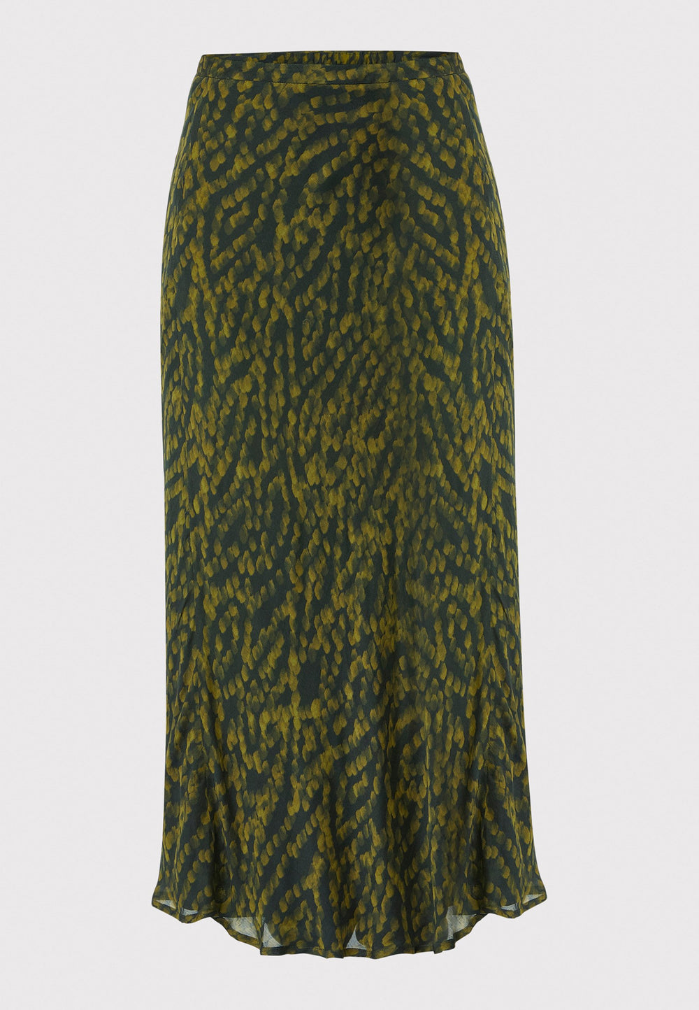 Add a touch of elegance to your wardrobe with the bias-cut dark green forest print skirt. Crafted from a luxurious blend of viscose and silk, it features a fluid silhouette that drapes beautifully. The unique pattern and midi length make it a versatile piece, perfect for both day and night. Pair with our black timeless tops and boots for a chic, modern look or make a statement by pairing with the Marlena Chartreuse green sleeveless cashmere top.