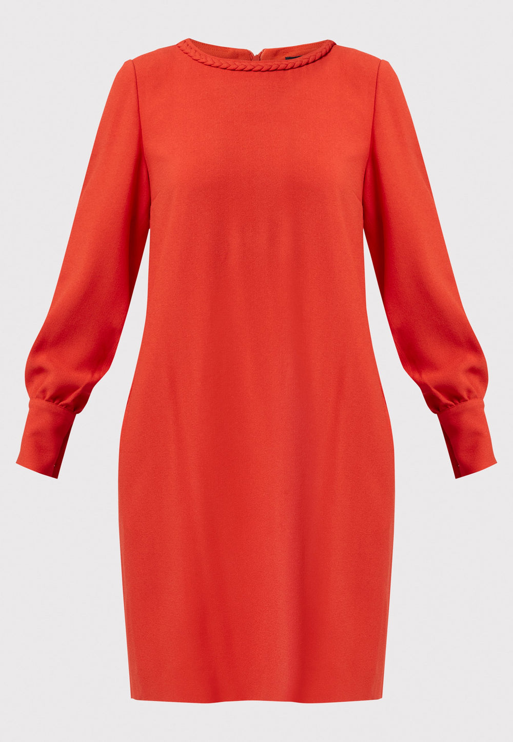 The Rachel Shift Dress is crafted in a vibrant burnt orange acetate and viscose blend crepe. This modern shift dress features a round neckline trimmed with an elegant plait trim. The relaxed-fit sleeves gather softly into buttoned cuffs, adding a refined touch. With convenient side pockets and a knee-length skirt, this dress is both stylish and practical. Perfect for work, wine or dining.