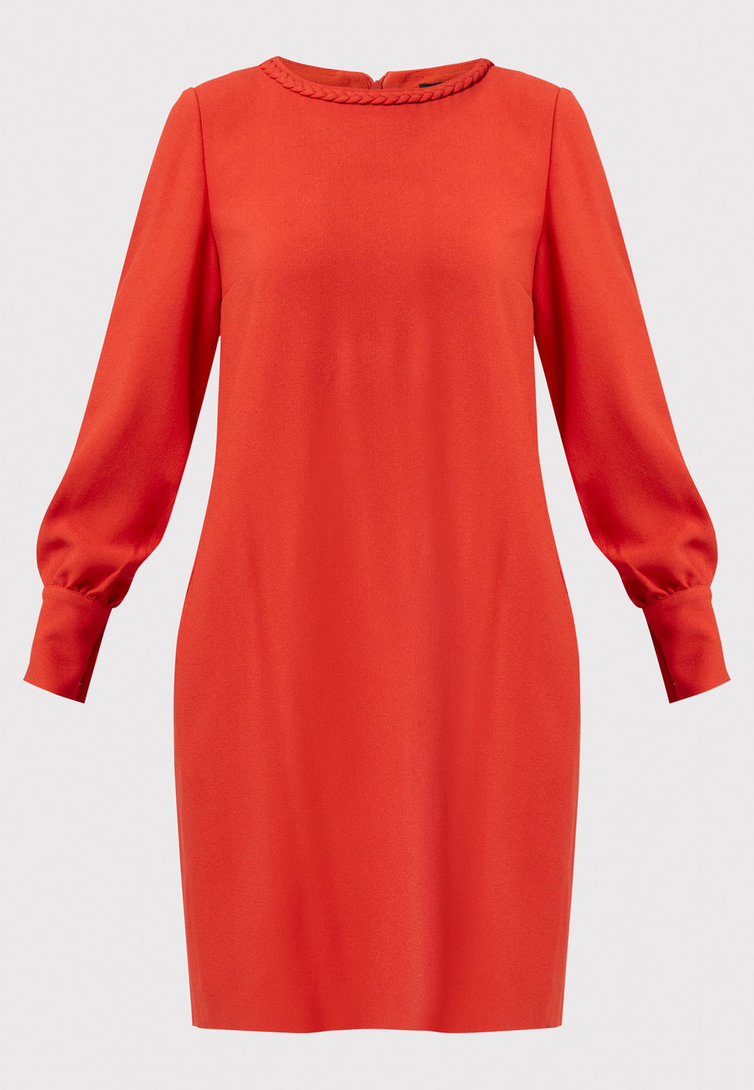 The Rachel Shift Dress is crafted in a vibrant burnt orange acetate and viscose blend crepe. This modern shift dress features a round neckline trimmed with an elegant plait trim. The relaxed-fit sleeves gather softly into buttoned cuffs, adding a refined touch. With convenient side pockets and a knee-length skirt, this dress is both stylish and practical. Perfect for work, wine or dining.