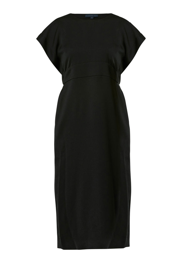 Elevate your wardrobe with Shiv, a simple black midi dress in a fluid satin back crepe. Featuring dropped sleeves, a gathered back waist seam, and a side slit for ease of movement. The back has a keyhole detail with a button closure.