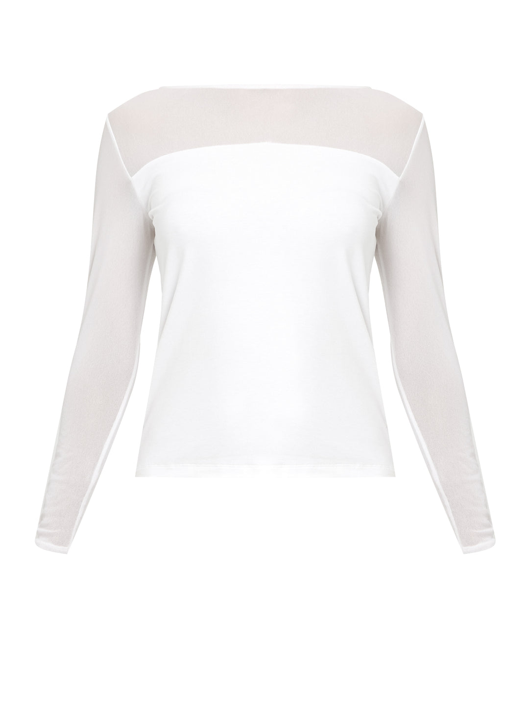 A signature hmca piece. our perennial best-seller back in white. This versatile top features a flattering mesh yoke and sleeves on a snug jersey body. Perfect underpinning to suiting or a more casual pant. Designed by Helen McAlinden in Ireland and made to last in Europe.