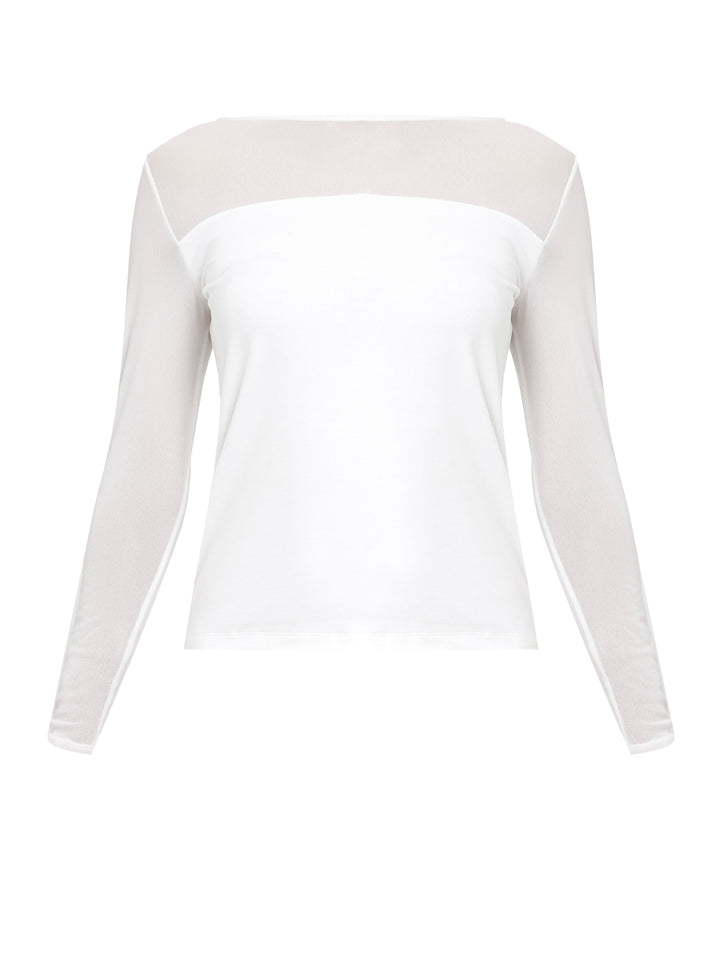 A signature hmca piece. our perennial best-seller back in white. This versatile top features a flattering mesh yoke and sleeves on a snug jersey body. Perfect underpinning to suiting or a more casual pant. Designed by Helen McAlinden in Ireland and made to last in Europe.