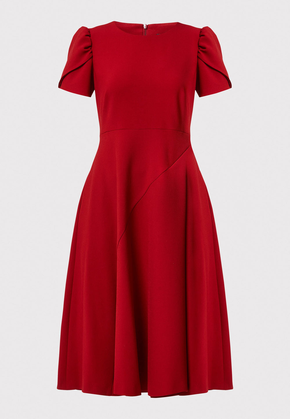 The Vera Garnet Red Dress is perfect for special occasions. It features a flattering fit-and-flare silhouette, a round neckline, and short puffed sleeves. The mid-calf length skirt flares out gracefully, adding elegance to the dress. Crafted from a comfortable fabric blend, it ensures ease of movement and a polished look.