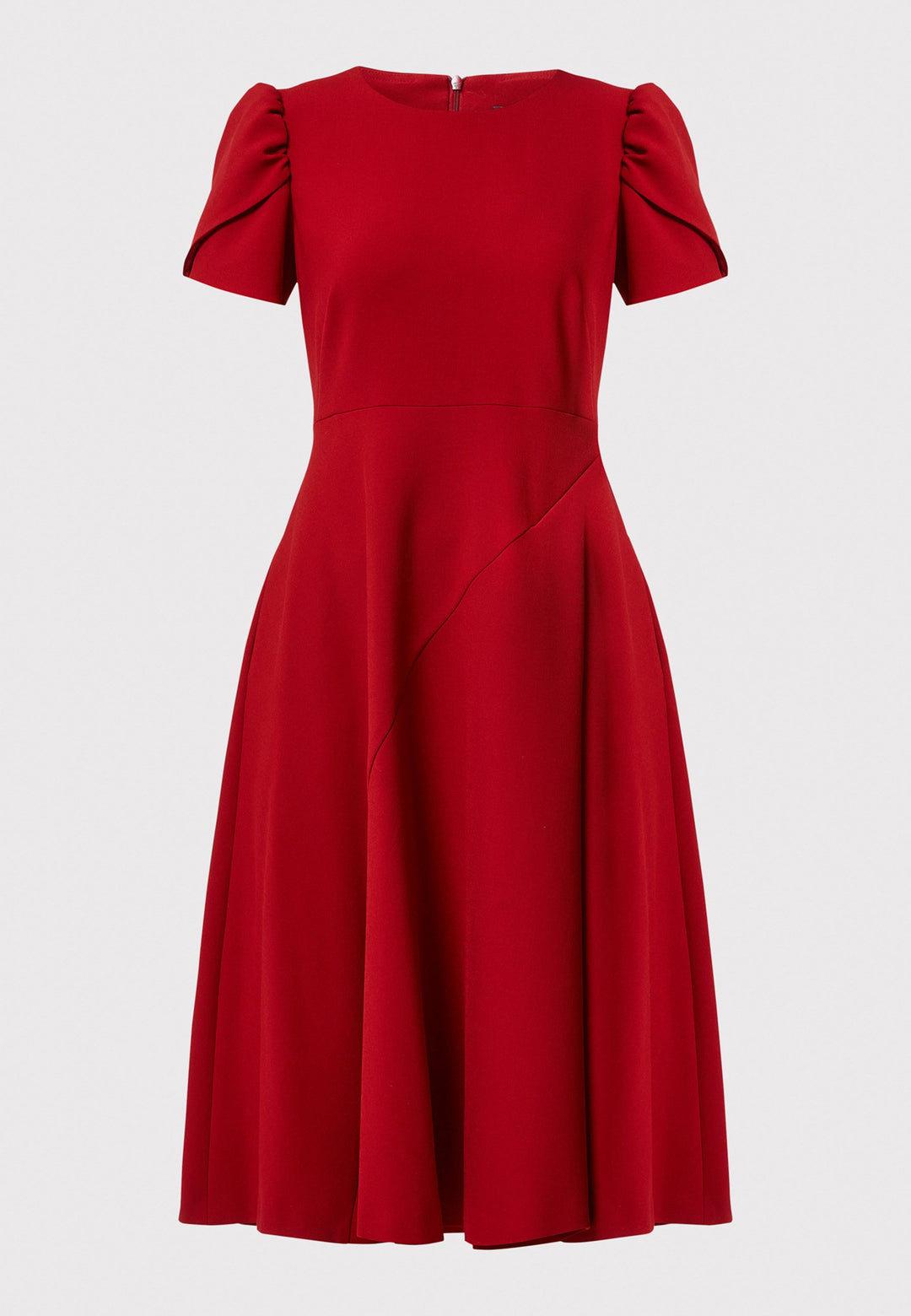 The Vera Garnet Red Dress is perfect for special occasions. It features a flattering fit-and-flare silhouette, a round neckline, and short puffed sleeves. The mid-calf length skirt flares out gracefully, adding elegance to the dress. Crafted from a comfortable fabric blend, it ensures ease of movement and a polished look.