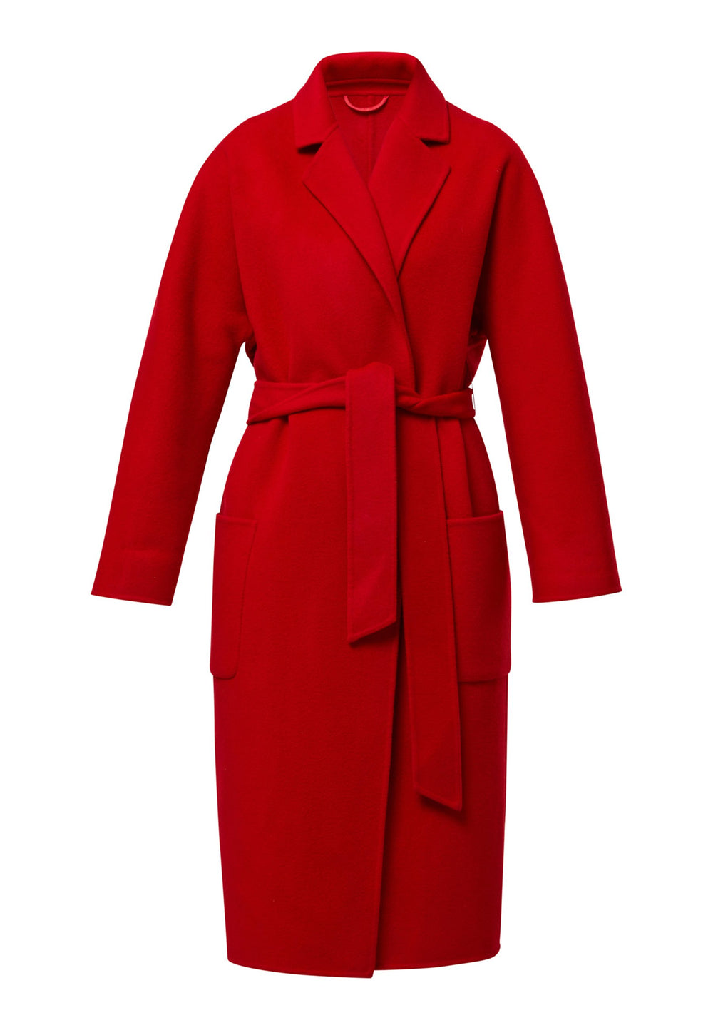 Introducing the Zola Cherry Red Cashmere Coat, a luxurious blend of cashmere and wool. This unlined coat features an oversized silhouette with patch pockets and a detachable belt. The dropped sleeves and tailor pick stitch finish add a touch of sophistication. Complete with a traditional collar and revere, it's a statement piece for your winter wardrobe.