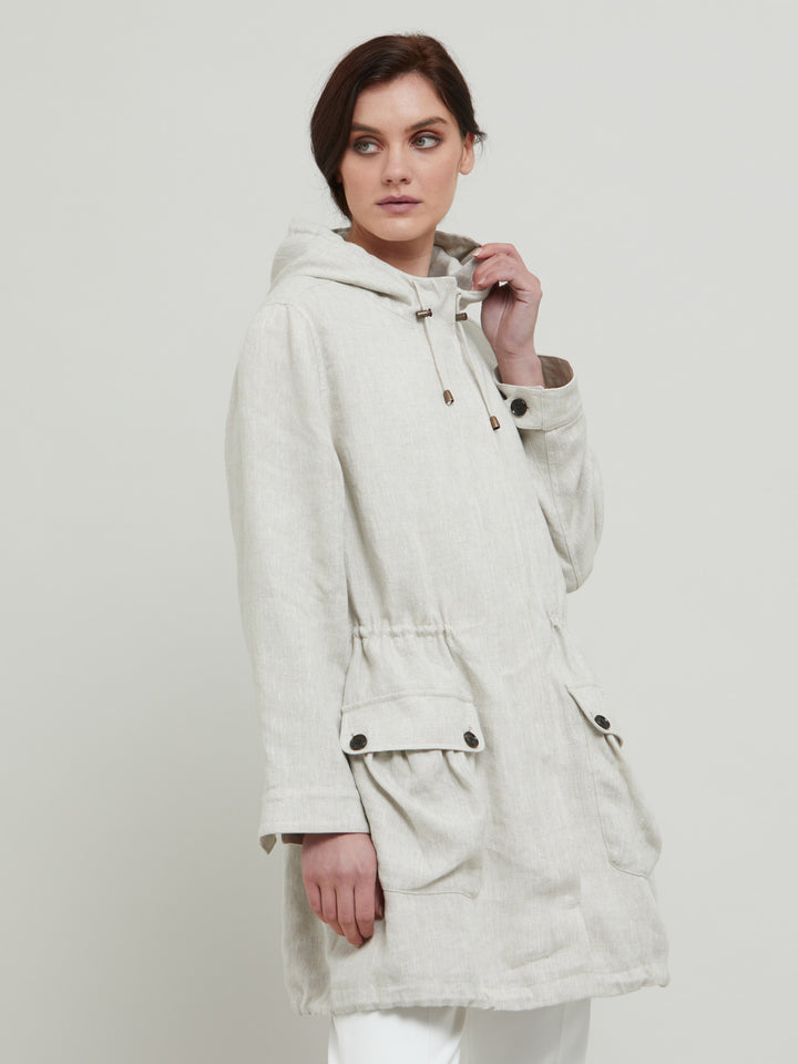 It's all about light layers when bridging the seasons. Cue our 100% linen pebble parka in a classic oatmeal tone. Lined and cut for a relaxed fit, this versatile hooded parka has handy pockets, a draw cord waist and fastens with a zip and press studs. Stylish and forever classic, it's a wardrobe investment you'll be sure to wear on repeat. Style with the matching Vanessa pant and Khloe sweatshirt. The perfect summer tonal look