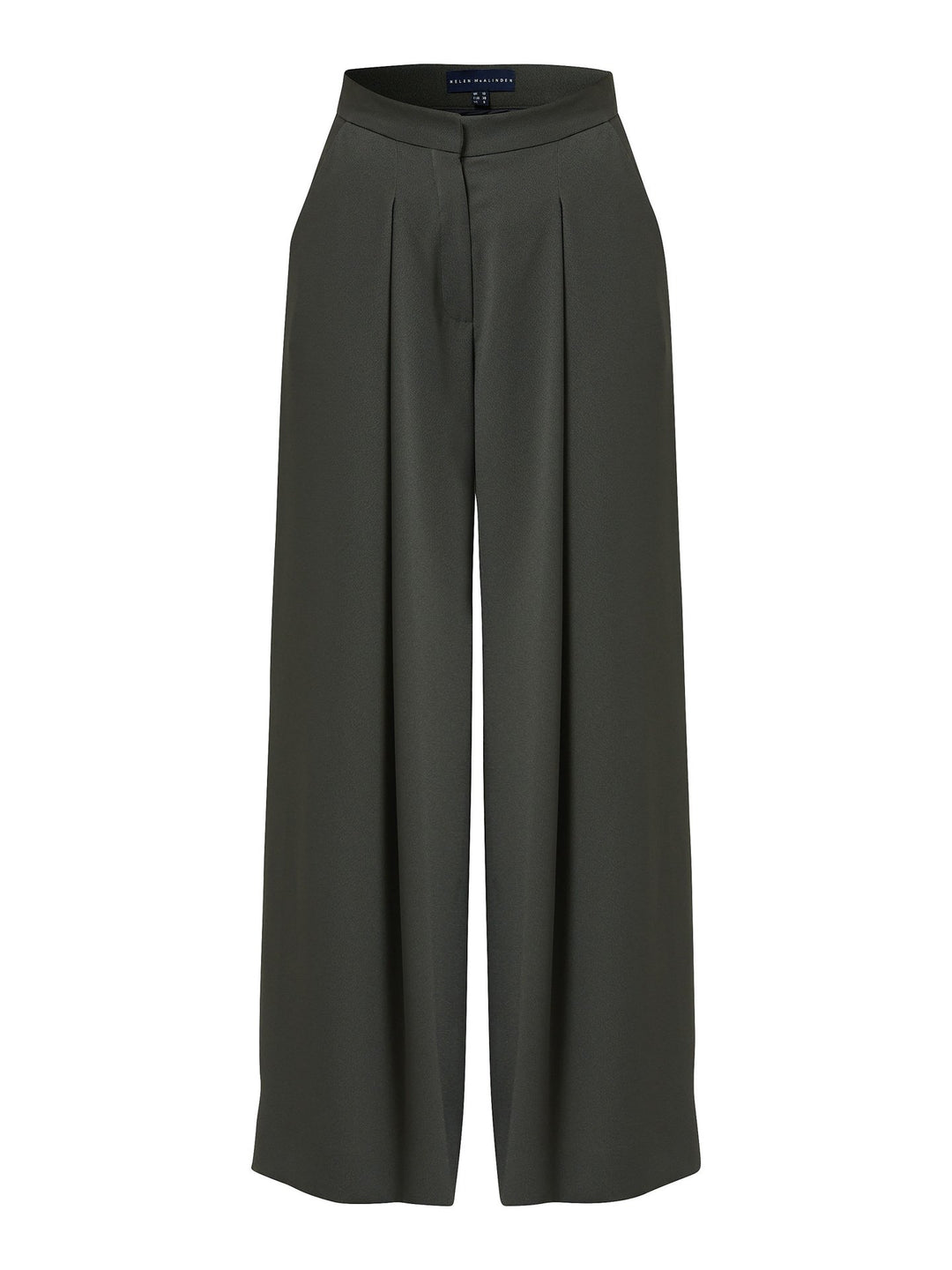 Charlize, a wide-leg palazzo pant. crafted in a satin back crepe in rich olive features deep pleats, sharp front crease & side pockets. A high-waisted trouser made to take you from desk to dinner with a relaxed & refined silhouette. Style with flats or dress up with heels.