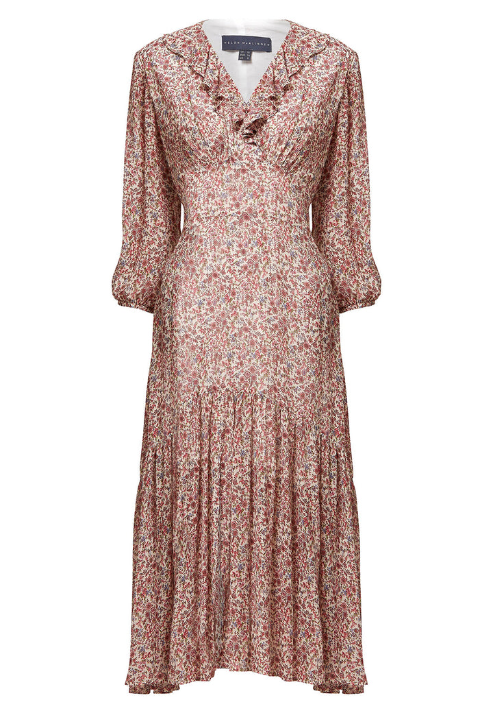 Meet Meredith, our super feminine summer dress. This elegant style features frill collar on a flattering V-neck line. Waist is accentuated with a soft belt around the midriff for a customisable look that cinches the profile.