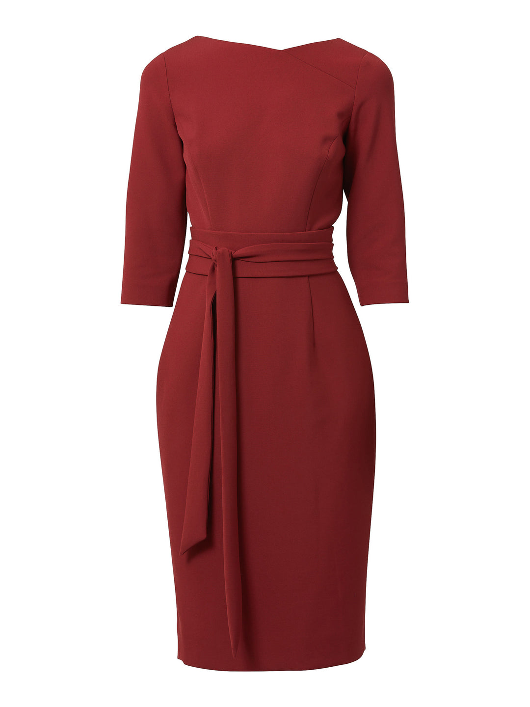 Rema, a warm russet red body-con dress. Features an elegant asymmetric vee neckline which is echoed in it's detachable no -fuss obi belt. The elastic in the fabric ensures comfort and ease of movement. Elegant and timeless with relaxed mood for the modern woman. 