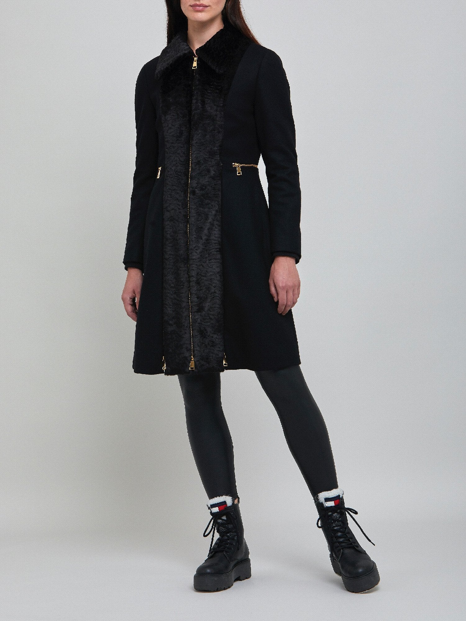 Black coat with top gold zippers