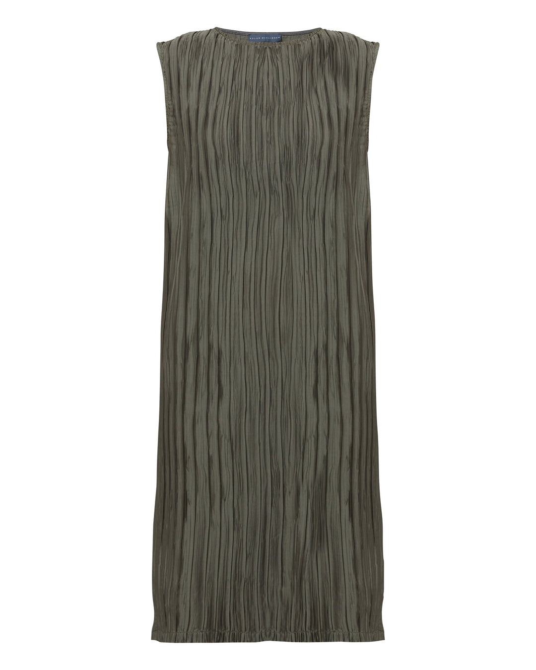 Dress for the occasion in the gemma dress. cut in an olive polished pleated fabric with contrasting satin band across the mid-riff, the ideal combination to accentuate the profile. An easy-fitting silhouette that falls to the mid-calf, features pockets and an elegant key-hole back neck detail. simply pair with heels for effortless elegance.