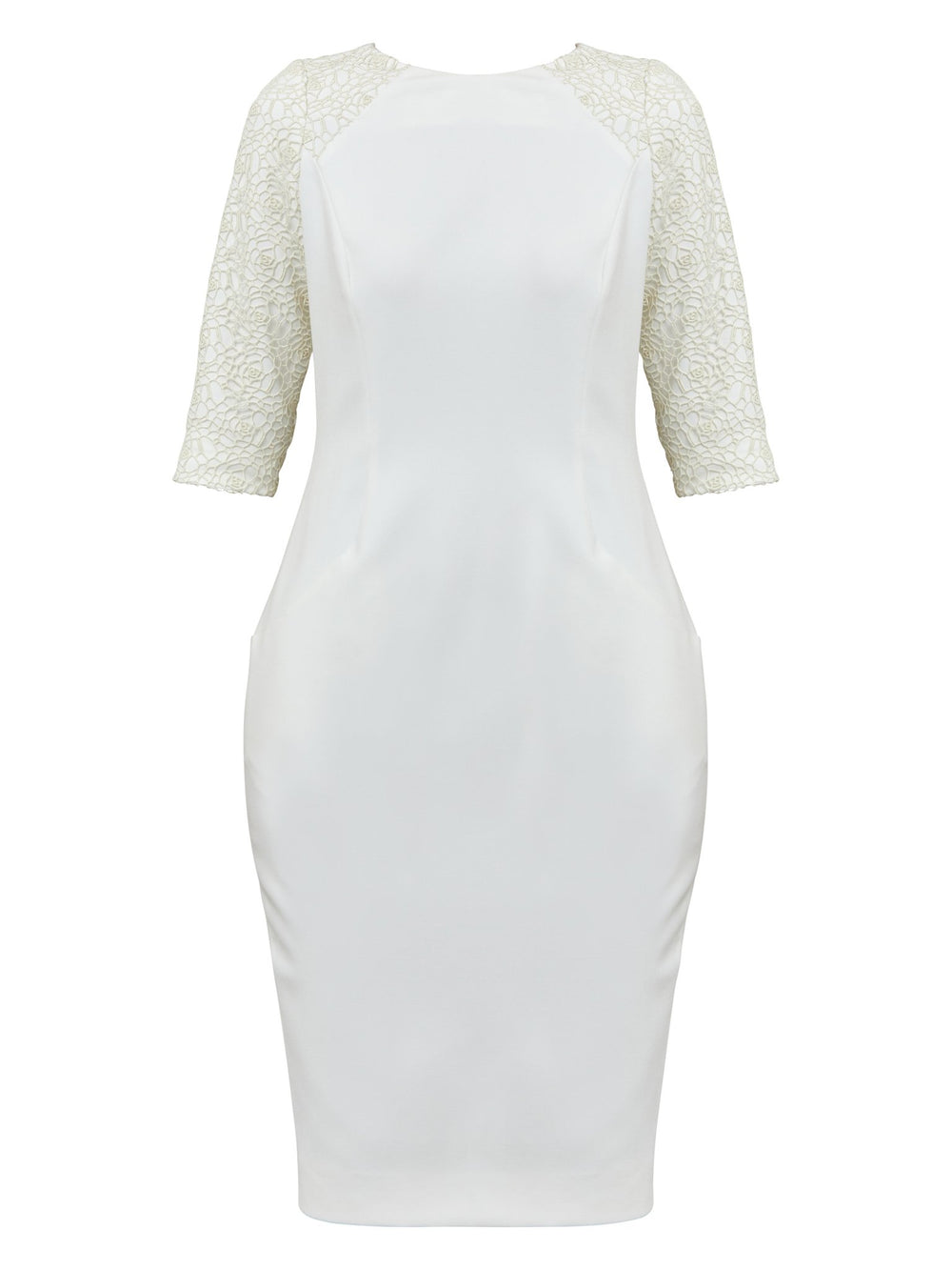 Juliet, A form-flattering, body-skimming silhouette in iconic white. Features a 3/4 sleeve with lace overlay. The skirt falls to a demure finish below the knee. Attending a summer wedding? Mother of the bride? Heading to the races? This is the dress for you.