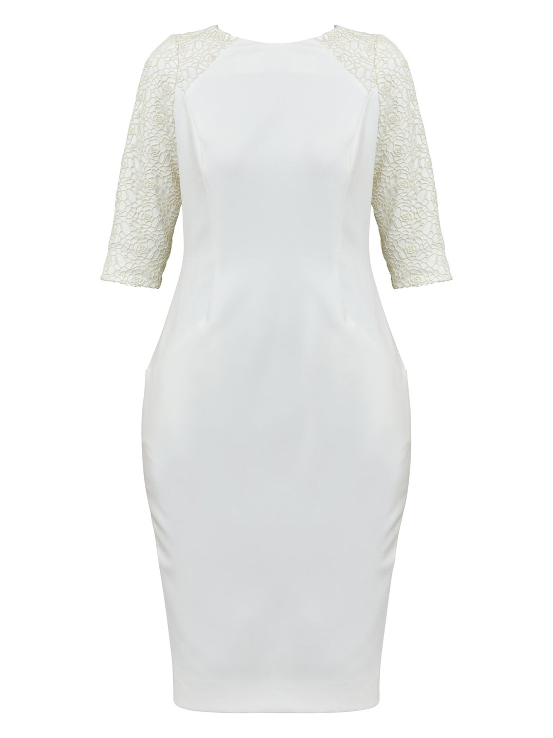 Juliet, A form-flattering, body-skimming silhouette in iconic white. Features a 3/4 sleeve with lace overlay. The skirt falls to a demure finish below the knee. Attending a summer wedding? Mother of the bride? Heading to the races? This is the dress for you.