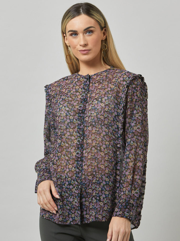 Give your everyday wardrobe an upgrade with the lauren jewel neck blouse. Cut in soft-touch viscose georgette in a irregular multi-coloured dot print. This easy silhouette is defined by discreet ruffle that runs from hem to hem over the shoulder. Lauren has been designed to add interest to the everyday.