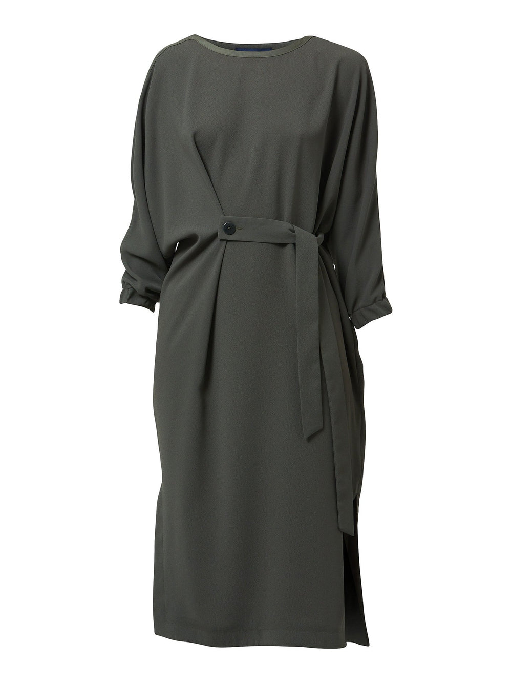 Introducing Lexi, a versatile and effortlessly chic mid-calf length dress designed for easy wear. With its loose-fitting silhouette, this dress offers comfort without compromising on style. The satin-trimmed slit sleeves with elasticated cuffs add a touch of elegance. Crafted from fluid satin back crepe, it exudes a luxurious feel. The detachable button on belt allows you to adjust the silhouette to flatter your figure perfectly. 