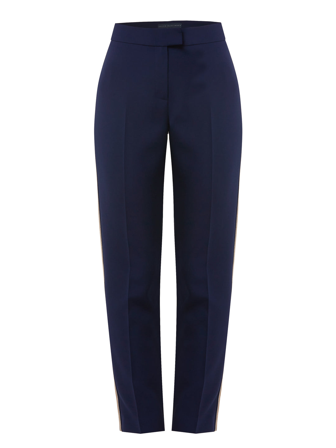 sporty take on the classic tailored pant. Crafted in French Navy double crepe with a hint of stretch trimmed with a  contrast white & Tan stripe on the side seams