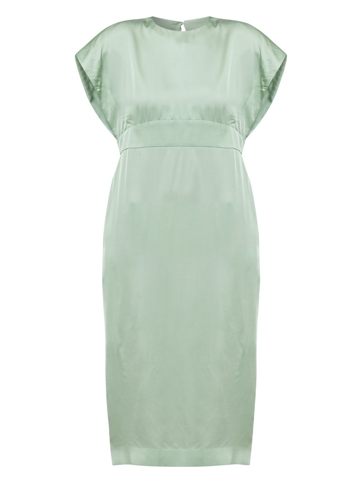 Classic occasion wear, modernized. Meet the Shiv dress in luxurious tea green satin viscose. An easy-fitting silhouette that falls to the mid-calf and features side slit, pockets, and an elegant key-hole back neck detail. . Attending a summer wedding? Mother of the bride? Heading to the races? This is the dress for you. Designed in Ireland by Helen McAlinden. Made in Europe. Free shipping to the EU & UK.